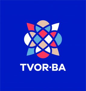 TVOR•BA logo vertikálne farebné na tmavom podklade