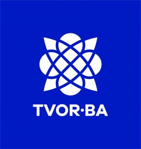 TVOR•BA logo vertikálne modré inverzné
